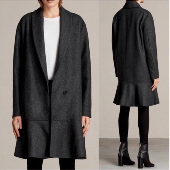 Allsaints Charcoal Gray Grace Ruffle Coat - Picture 1 of 9